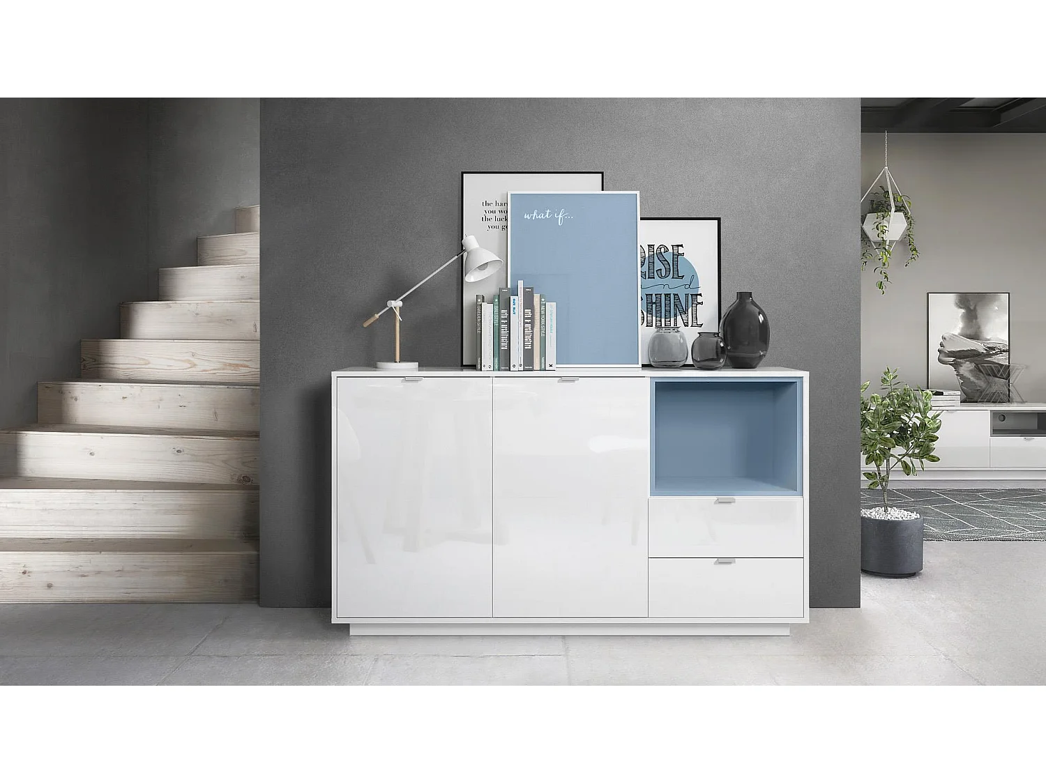 Buffet Armoire Metro, Corps en Blanc haute brillance / Façades en Blanc haute brillance avec une insertion en Denim mat, incl. L'éclairage LED
