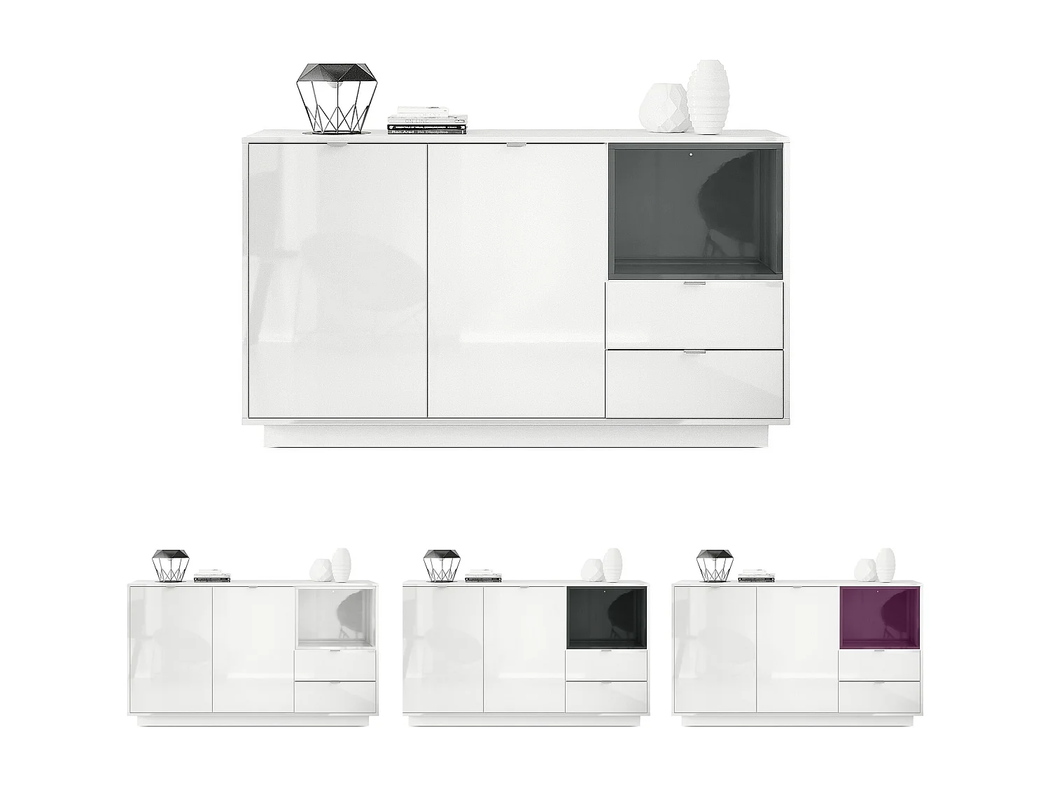 Buffet Armoire Metro, Corps en Blanc haute brillance / Façades en Blanc haute brillance avec une insertion en Denim mat, incl. L'éclairage LED