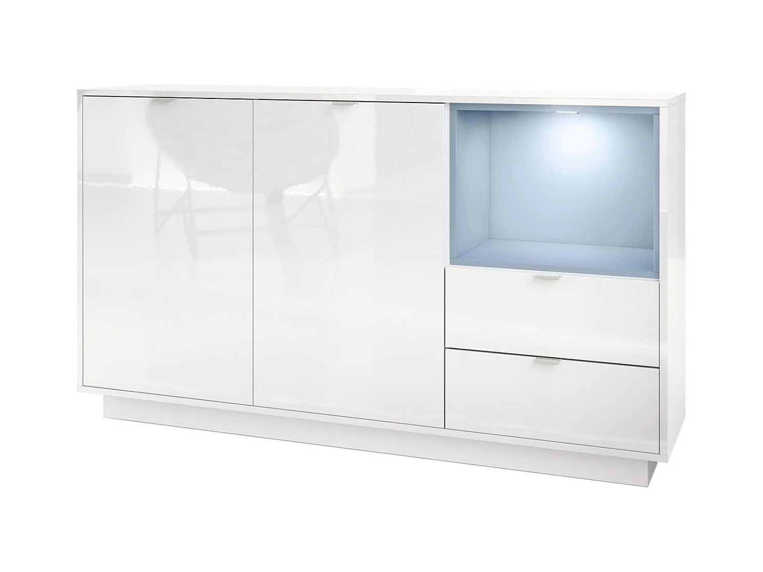 Buffet Armoire Metro, Corps en Blanc haute brillance / Façades en Blanc haute brillance avec une insertion en Denim mat, incl. L'éclairage LED