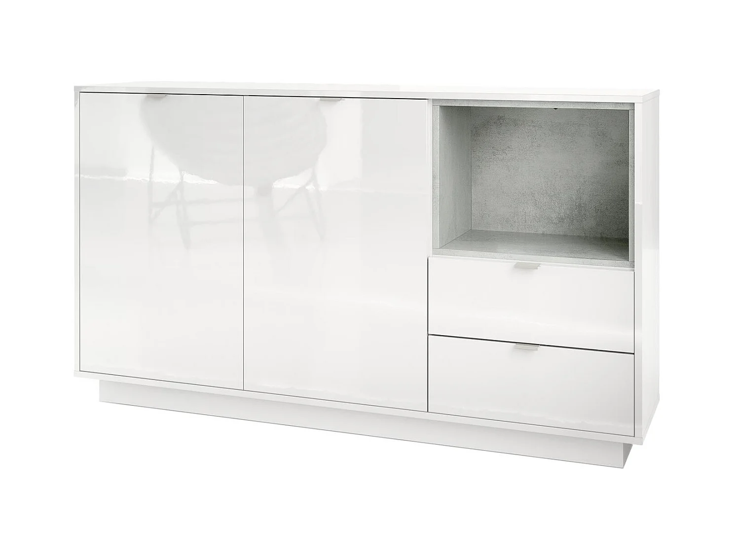 Buffet Armoire Metro, Corps en Blanc haute brillance / Façades en Blanc haute brillance avec une insertion en Aspect Béton Oxyde