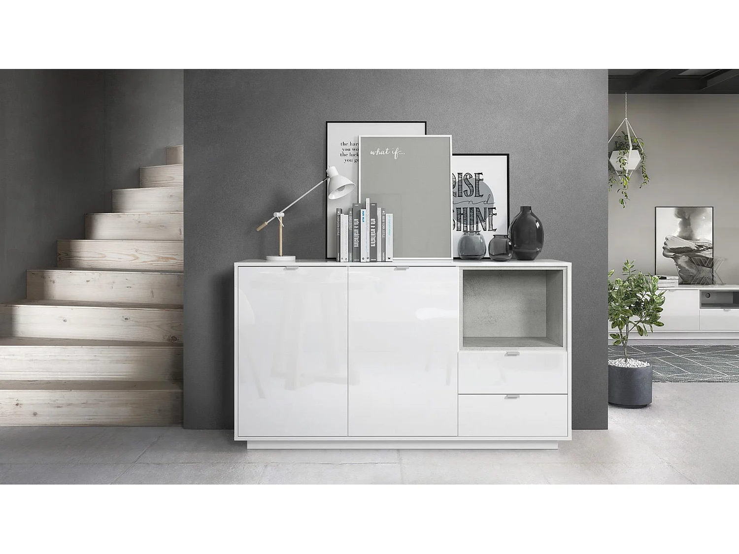 Credenza Metro, struttura in bianco lucido / frontale in bianco lucido con inserto in grigio ossido.
