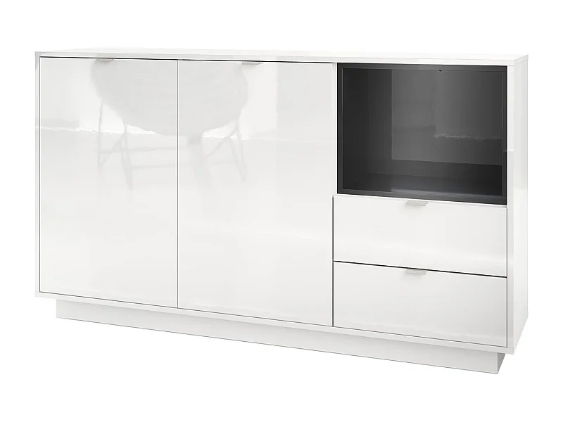 Buffet Armoire Metro, Corps en Blanc haute brillance / Façades en Blanc haute brillance avec une insertion en Noir haute brillance