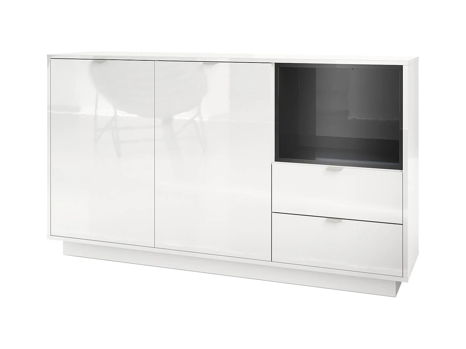 Buffet Armoire Metro, Corps en Blanc haute brillance / Façades en Blanc haute brillance avec une insertion en Noir haute brillance
