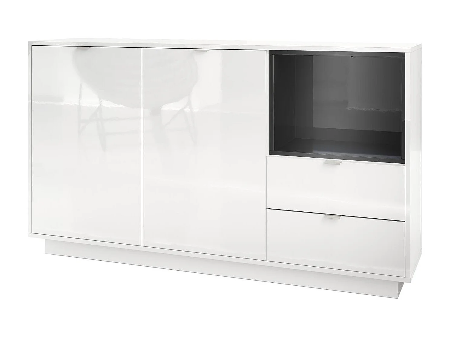 Buffet Armoire Metro, Corps en Blanc haute brillance / Façades en Blanc haute brillance avec une insertion en Noir haute brillance