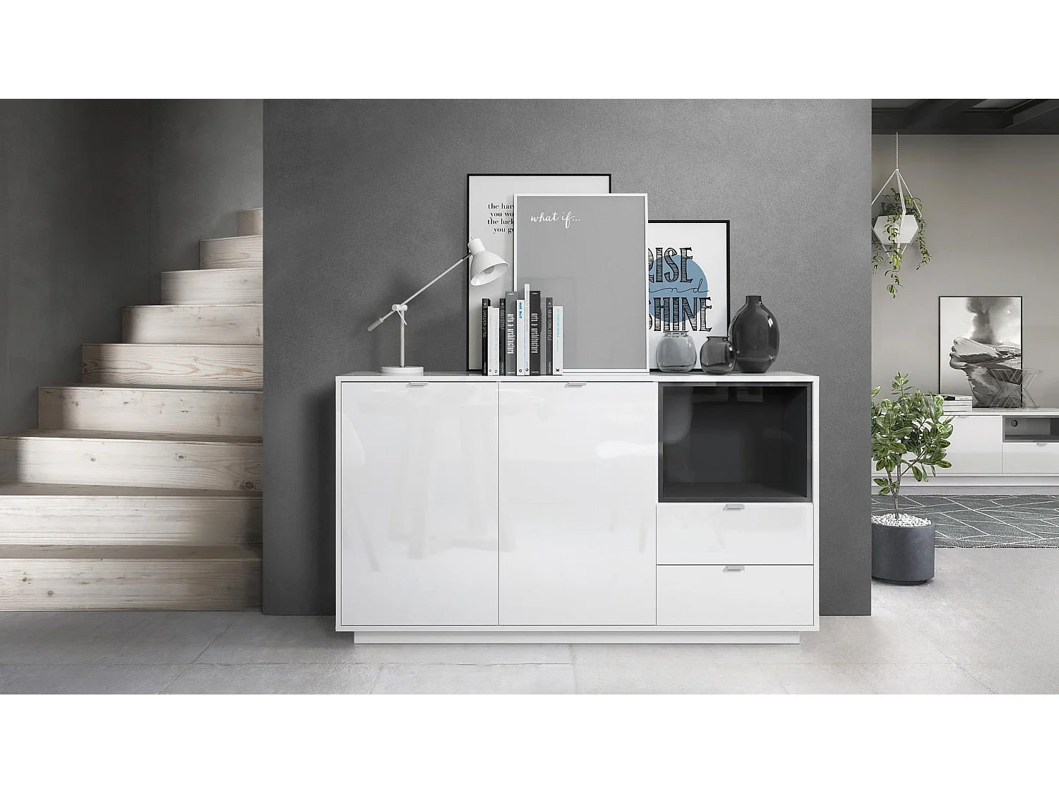Buffet Armoire Metro, Corps en Blanc haute brillance / Façades en Blanc haute brillance avec une insertion en Noir haute brillance