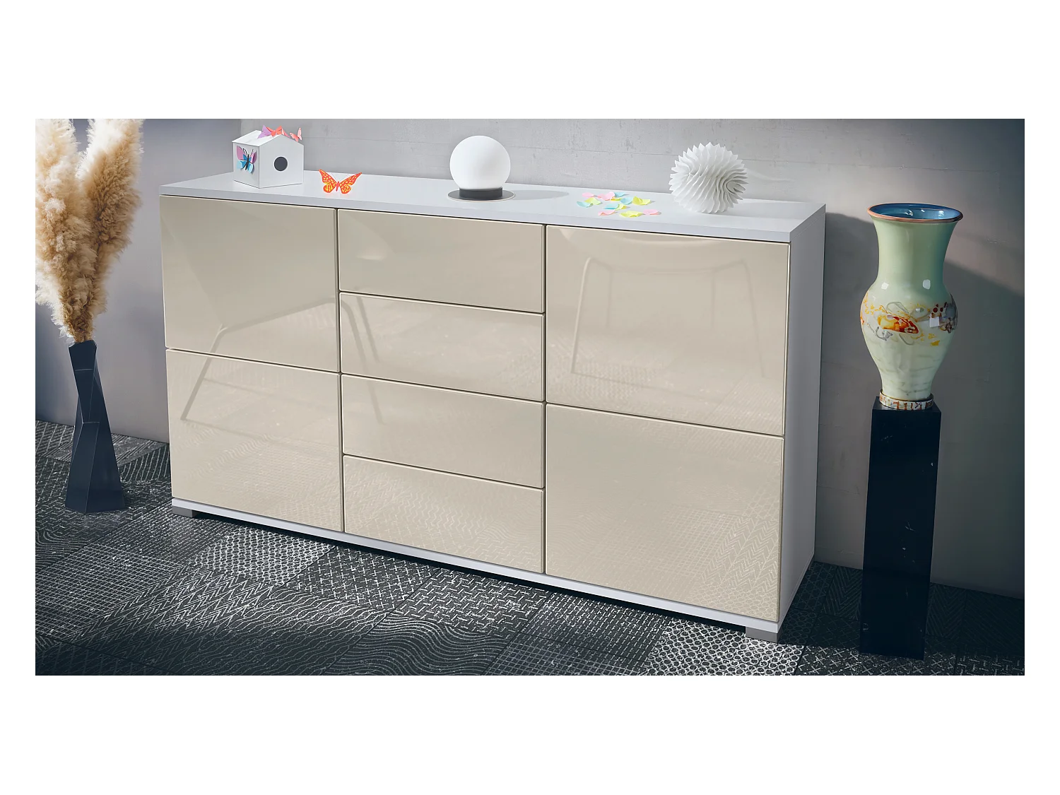 Buffet Rova V1 – Meuble avec 4 Portes et 4 Tiroirs, blanc mat/crème haute brillance (138,5 x 75,5 x 35)