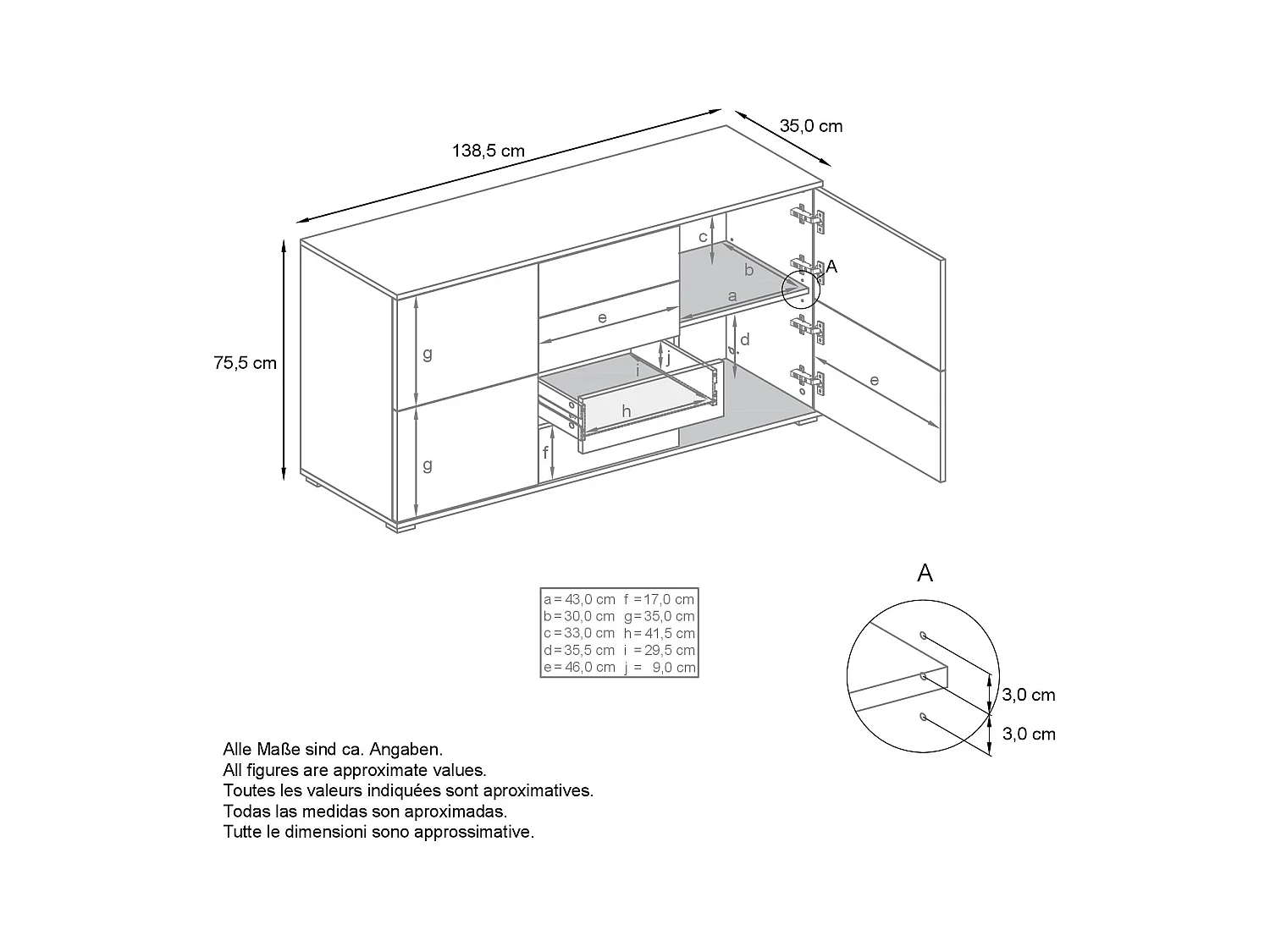 Buffet Rova V1 – Meuble avec 4 Portes et 4 Tiroirs, blanc mat/crème haute brillance (138,5 x 75,5 x 35)