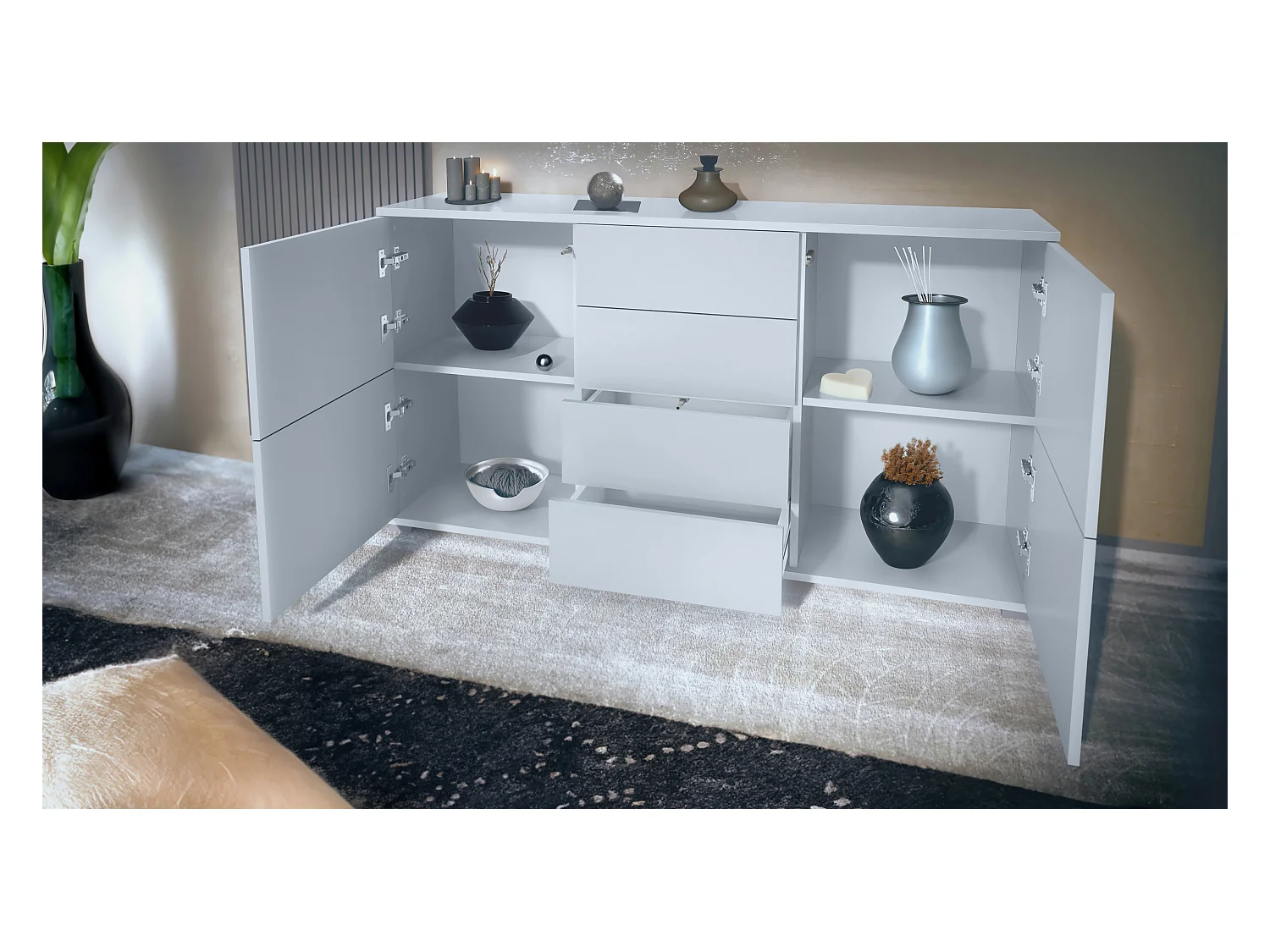 Buffet Rova V1 – Meuble avec 4 Portes et 4 Tiroirs, blanc mat/crème haute brillance (138,5 x 75,5 x 35)