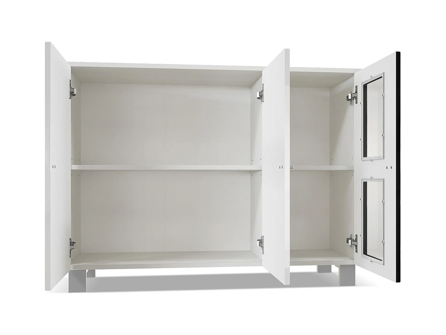 Buffet Denjo, Commode avec 3 portes, Blanc mat/Blanc haute brillance/Noir haute brillance, éclairage LED inclus (107 x 81 x 35 cm)