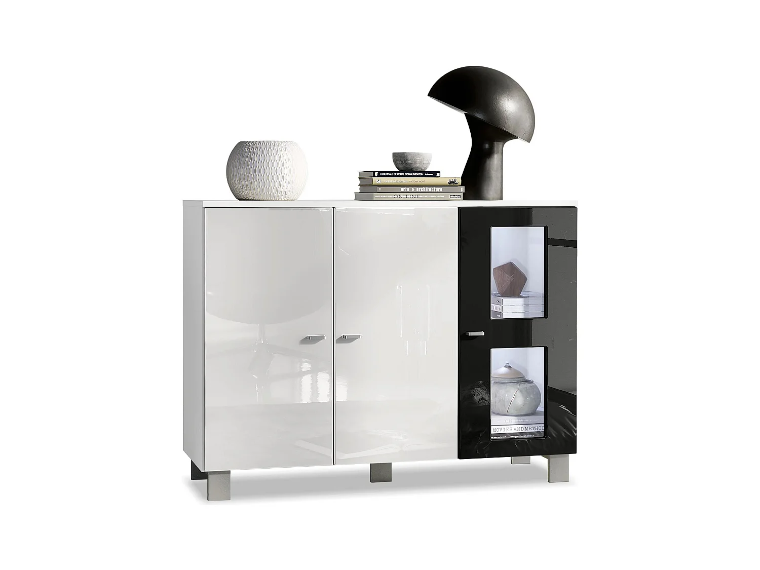 Buffet Denjo, Commode avec 3 portes, Blanc mat/Blanc haute brillance/Noir haute brillance, éclairage LED inclus (107 x 81 x 35 cm)