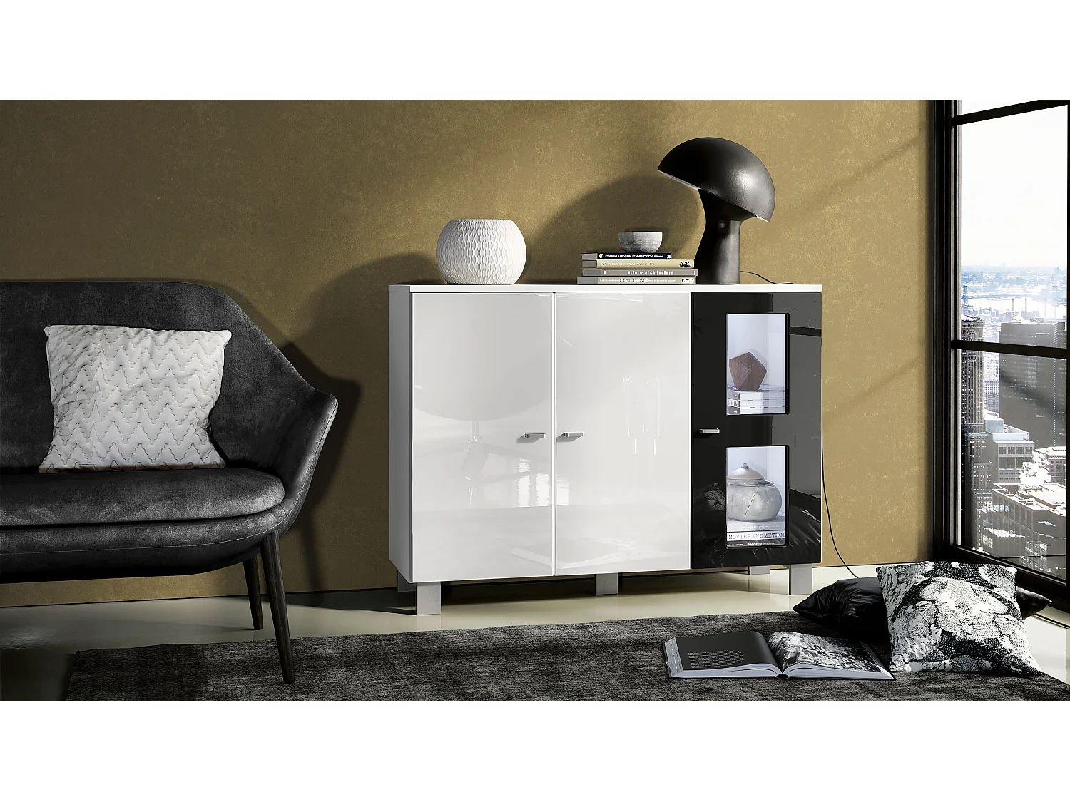 Buffet Denjo, Commode avec 3 portes, Blanc mat/Blanc haute brillance/Noir haute brillance, éclairage LED inclus (107 x 81 x 35 cm)