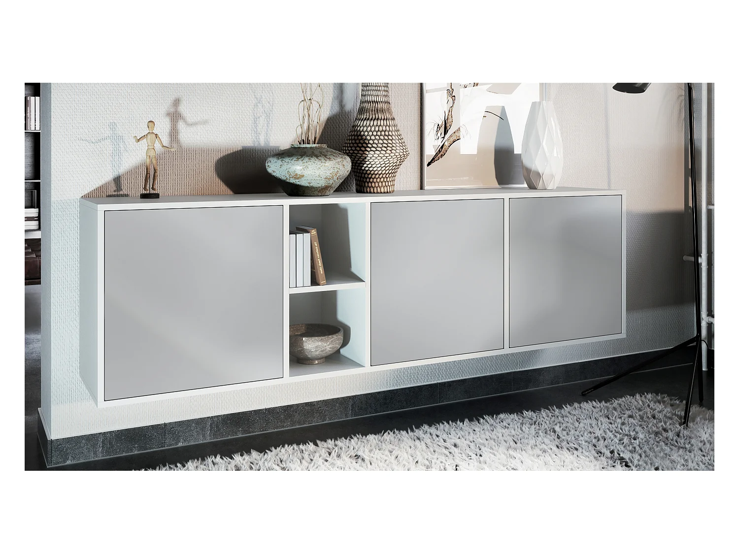 Commode Cuba - blanc mat/gris clair satiné mat - Buffet moderne pour votre salon - (LxHxP) 182x53x35 cm