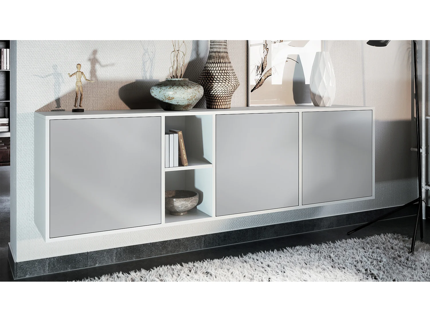 Vladon Cassettiera Cuba - bianco opaco/grigio chiaro semilucido - Credenza moderna per la zona giorno - (LxAxP) 182x53x35 cm