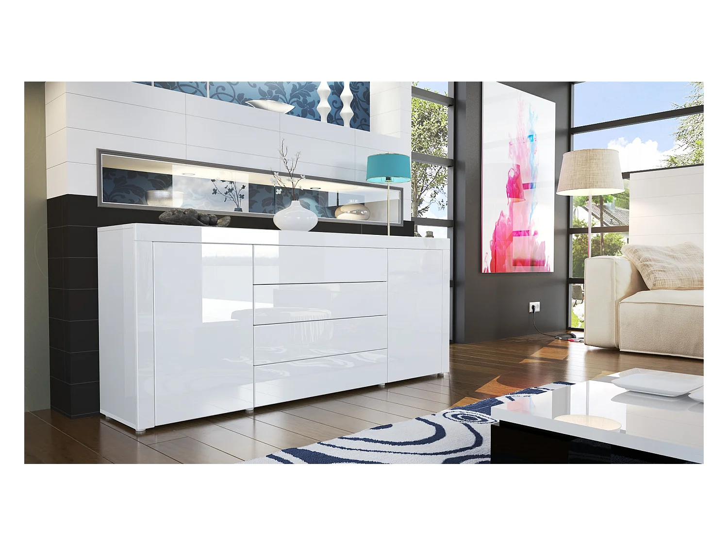 Buffet commode La Paz, Corps en Blanc haute brillance / Façades en blanc haute brillance avec une bordure en blanc haute brillance