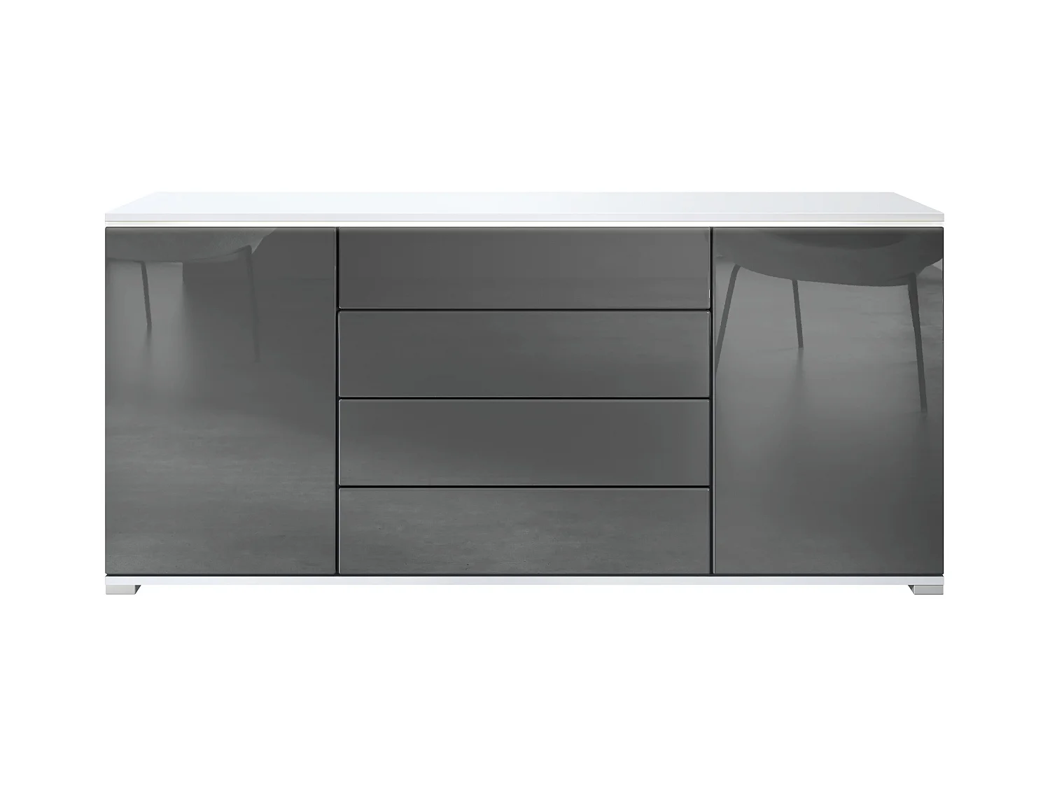 Buffet Faro V2 – Meuble avec 2 Portes & 4 Tiroirs, Armoire avec Bande LED Lumineuse, blanc mat / gris haute brillance (166,5 x 75,5 x 35)