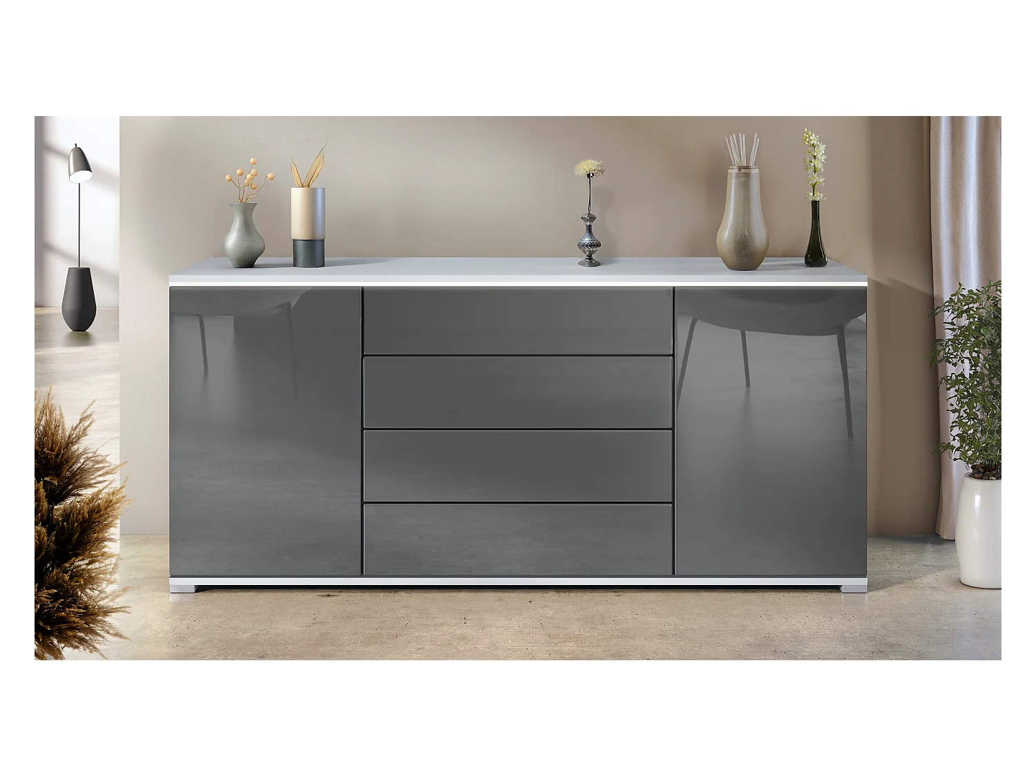 Buffet Faro V2 – Meuble avec 2 Portes & 4 Tiroirs, Armoire avec Bande LED Lumineuse, blanc mat / gris haute brillance (166,5 x 75,5 x 35)