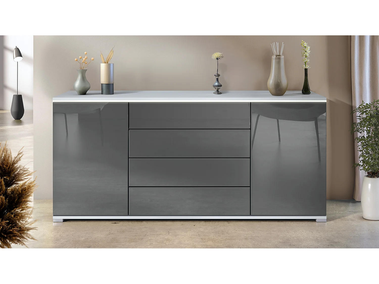 Buffet Faro V2 – Meuble avec 2 Portes & 4 Tiroirs, Armoire avec Bande LED Lumineuse, blanc mat / gris haute brillance (166,5 x 75,5 x 35)