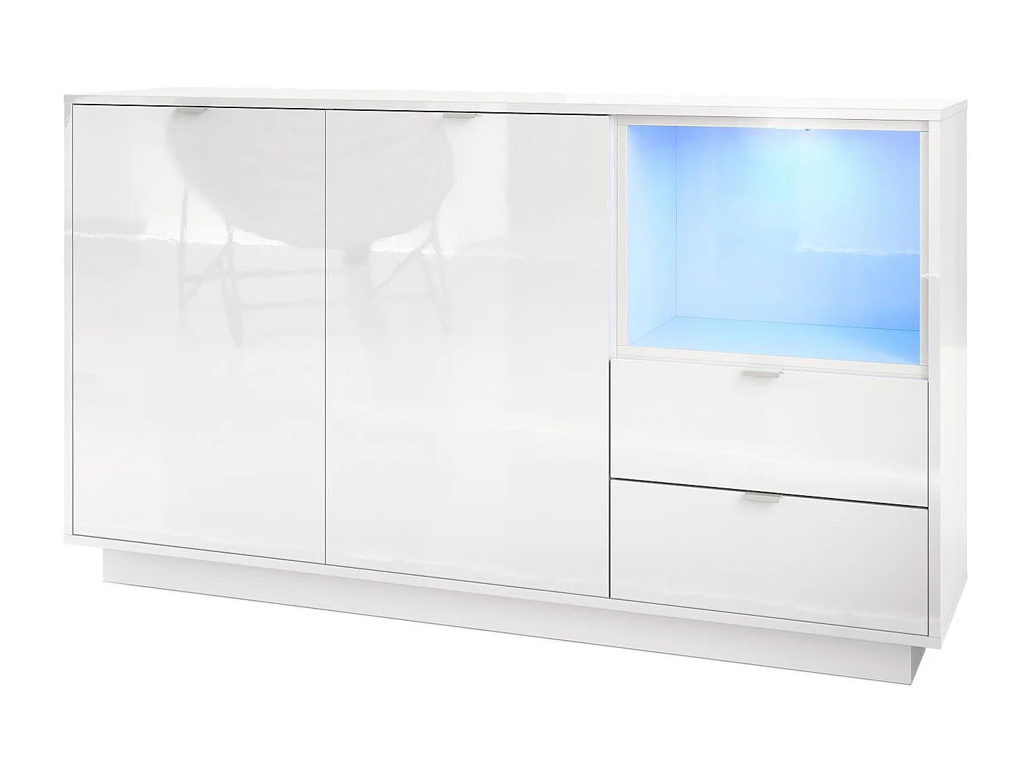 Buffet Armoire Metro, Corps en Blanc haute brillance / Façades en Blanc haute brillance avec une insertion en Blanc haute brillance, incl. L'éclairage LED