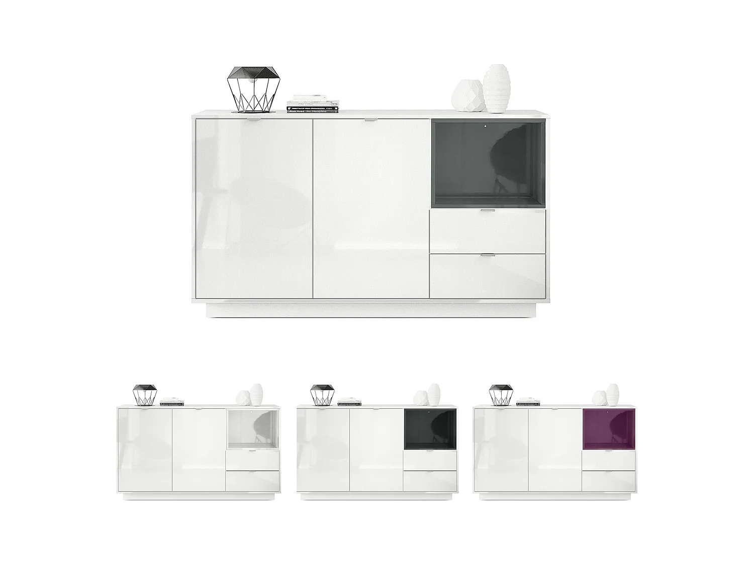 Buffet Armoire Metro, Corps en Blanc haute brillance / Façades en Blanc haute brillance avec une insertion en Blanc haute brillance, incl. L'éclairage LED