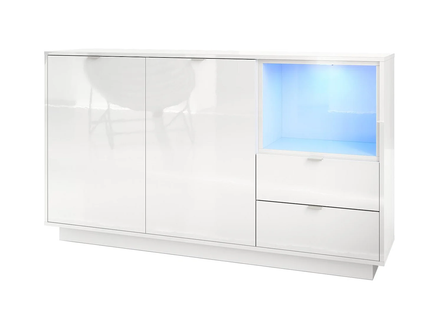 Buffet Armoire Metro, Corps en Blanc haute brillance / Façades en Blanc haute brillance avec une insertion en Blanc haute brillance, incl. L'éclairage LED