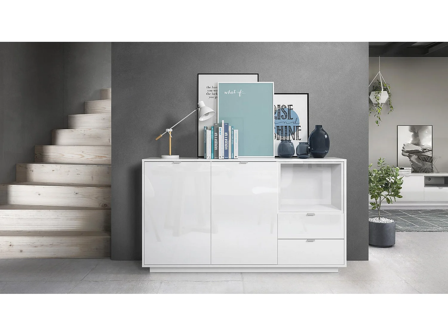 Credenza Metro, struttura in bianco lucido / frontale in bianco lucido con inserto in bianco lucido, illuminazione a LED inclusa.