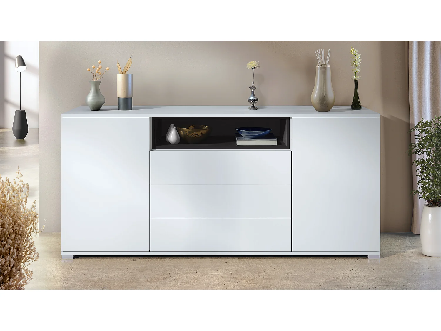 Skadu V4 Buffet, Commode avec 2 portes, 3 tiroirs et 1 compartiment ouvert, blanc mat/noir mat (166,5 x 75,5 x 35 cm)