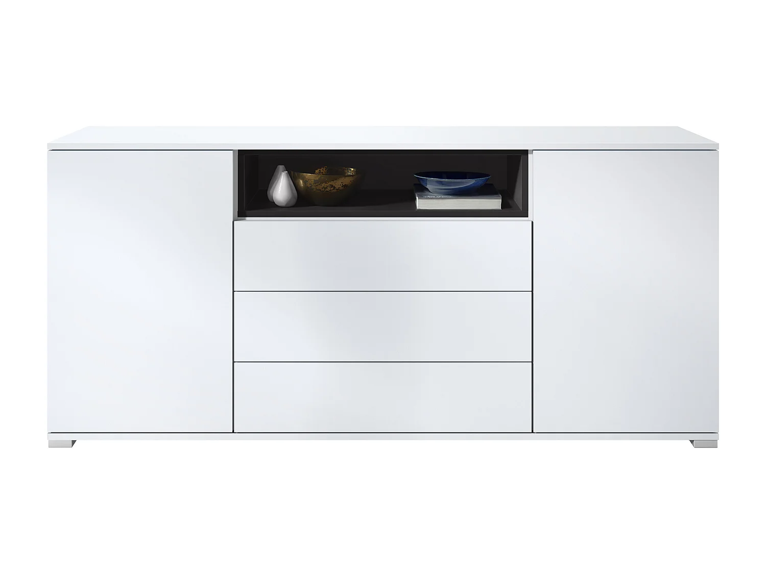 Skadu V4 Buffet, Commode avec 2 portes, 3 tiroirs et 1 compartiment ouvert, blanc mat/noir mat (166,5 x 75,5 x 35 cm)