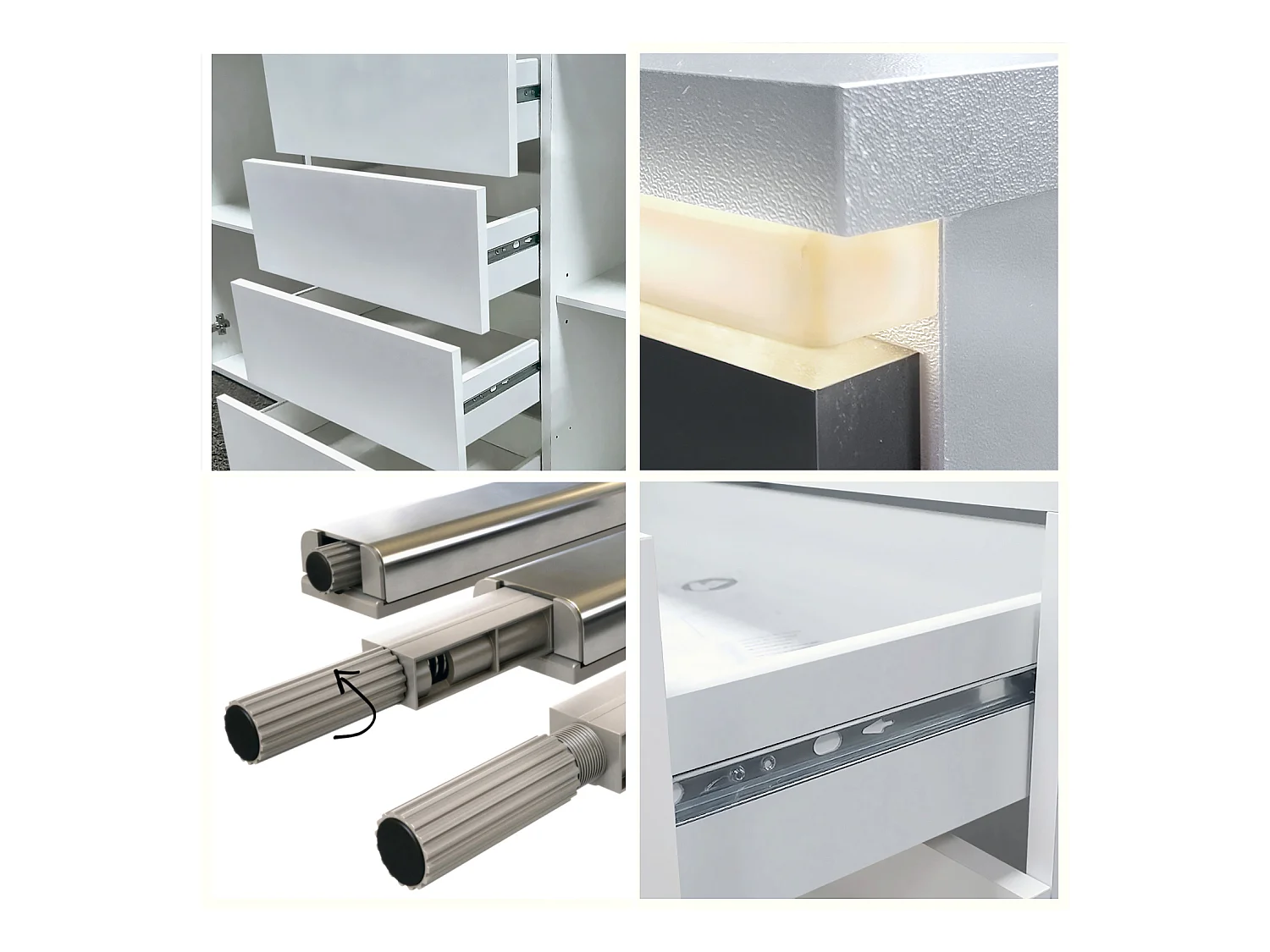 Buffet Faro V1 – Meuble avec 2 Portes & 4 Tiroirs, Armoire avec Bande LED Lumineuse, blanc mat / chêne nature (138,5 x 75,5 x 35)