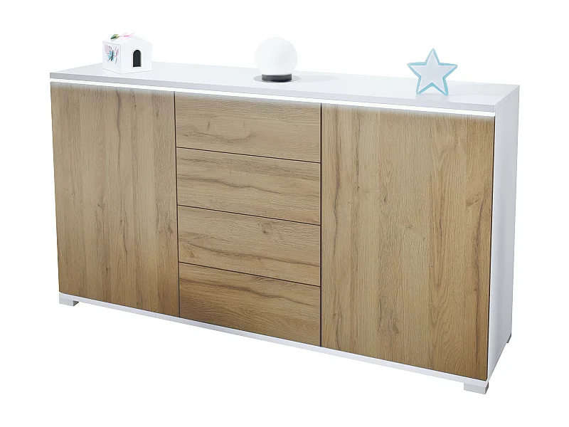 Buffet Faro V1 – Meuble avec 2 Portes & 4 Tiroirs, Armoire avec Bande LED Lumineuse, blanc mat / chêne nature (138,5 x 75,5 x 35)