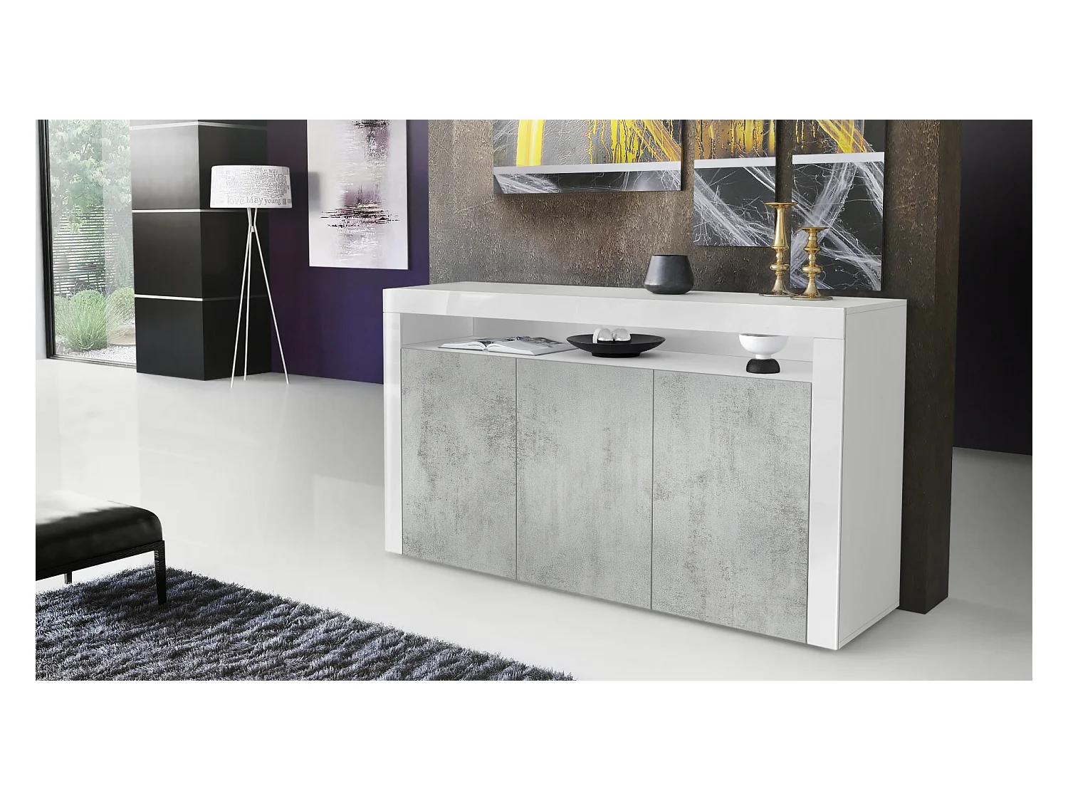 Buffet Valencia, Commode avec 3 portes et 1 compartiment ouvert, Blanc mat/aspect béton oxyde/blanc haute brillance (155 x 92 x 40 cm)