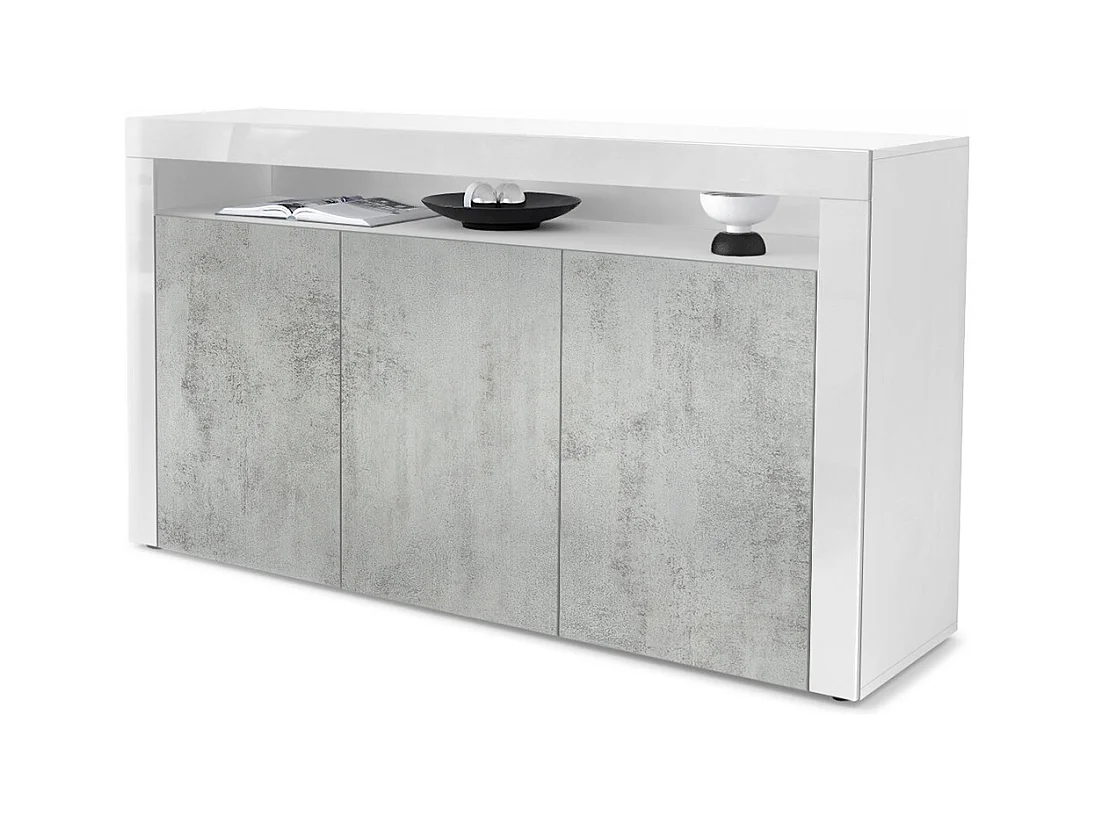 Buffet Valencia, Commode avec 3 portes et 1 compartiment ouvert, Blanc mat/aspect béton oxyde/blanc haute brillance (155 x 92 x 40 cm)