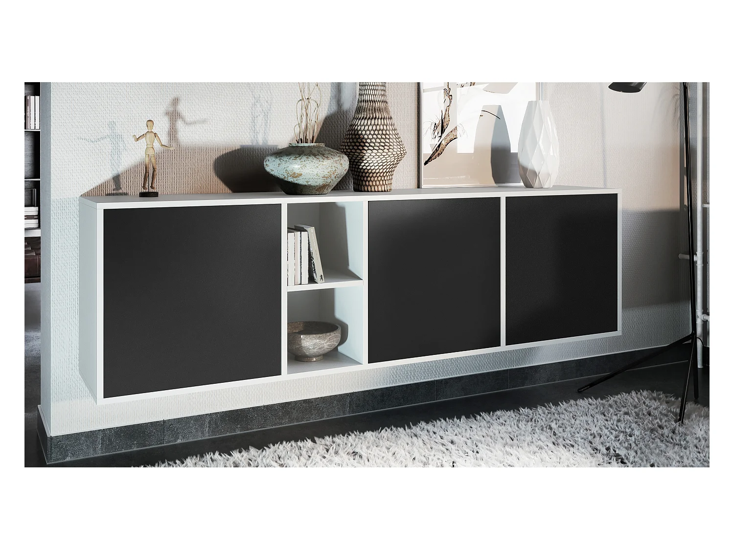 Commode Cuba - blanc mat/noir mat - Buffet moderne pour votre salon - (LxHxP) 182x53x35 cm