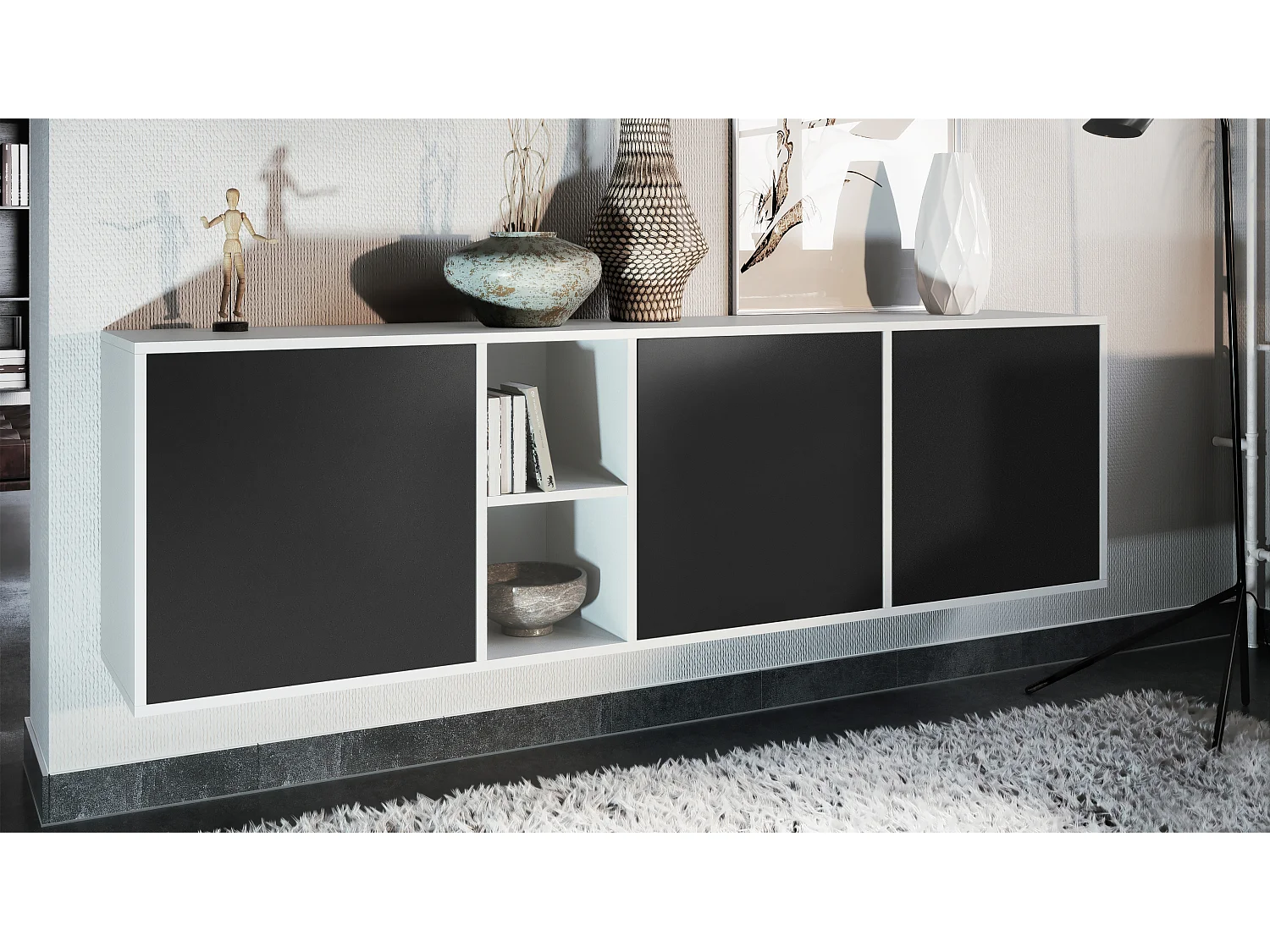 Vladon Cassettiera Cuba - bianco opaco/nero opaco - Credenza moderna per la zona giorno - (LxAxP) 182x53x35 cm