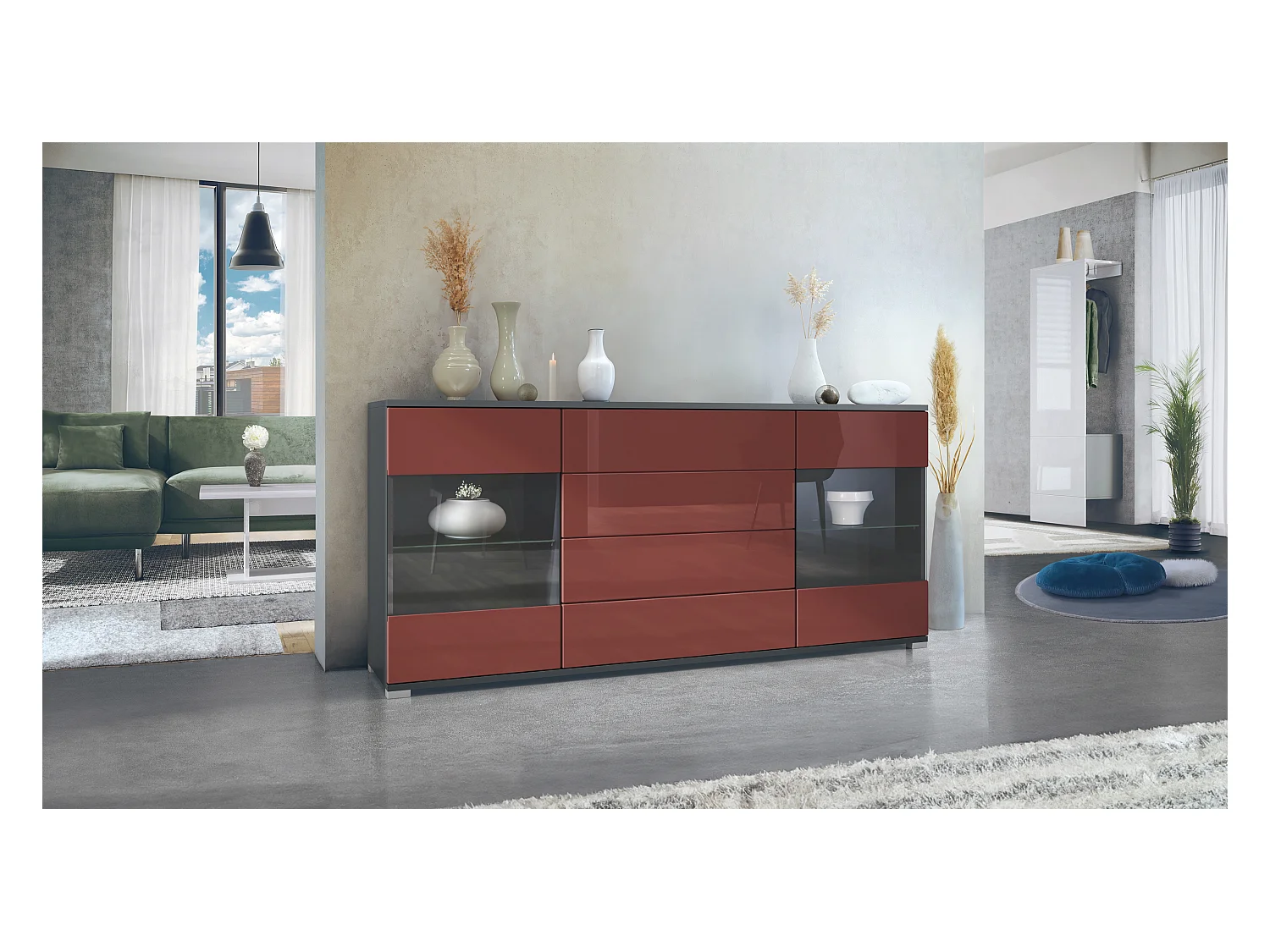 Buffet Bari V2 – Meuble avec 2 Grandes Portes et 4 Tiroirs, anthracite mat/bordeaux haute brillance (166,5 x 75,5 x 35)