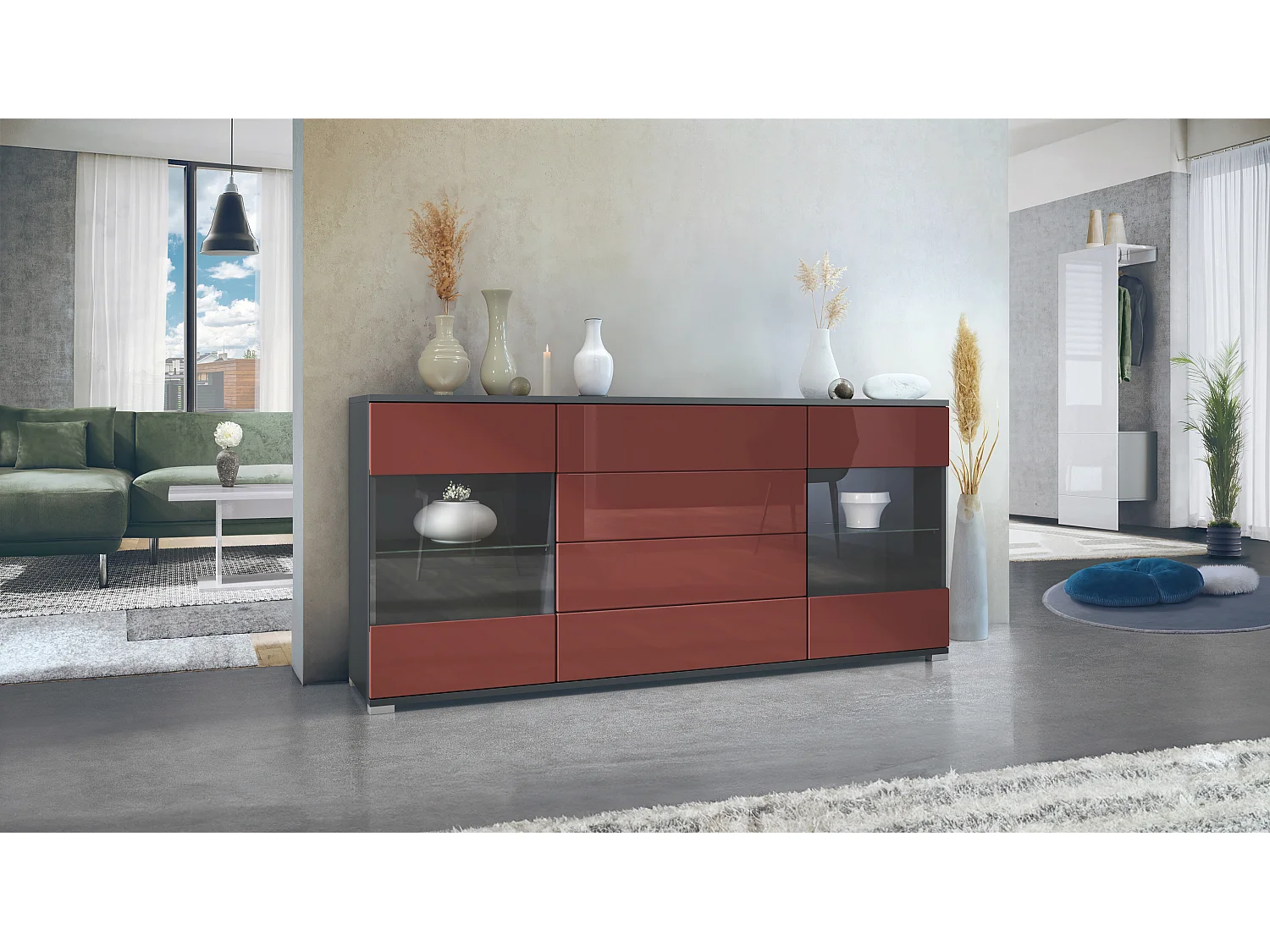 Buffet Bari V2 – Meuble avec 2 Grandes Portes et 4 Tiroirs, anthracite mat/bordeaux haute brillance (166,5 x 75,5 x 35)