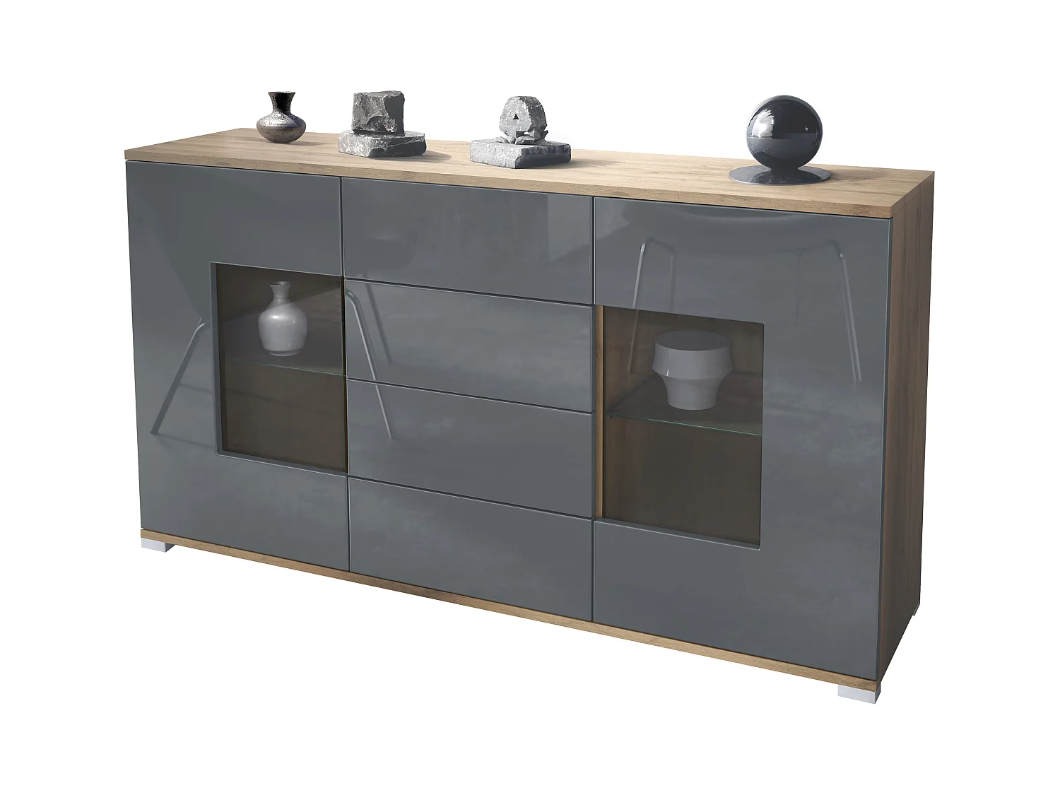 Buffet Grömitz V1 – Meuble avec 2 Grandes Portes et 4 Tiroirs, Chêne Evoke/gris haute brillance (138,5 x 75,5 x 35)