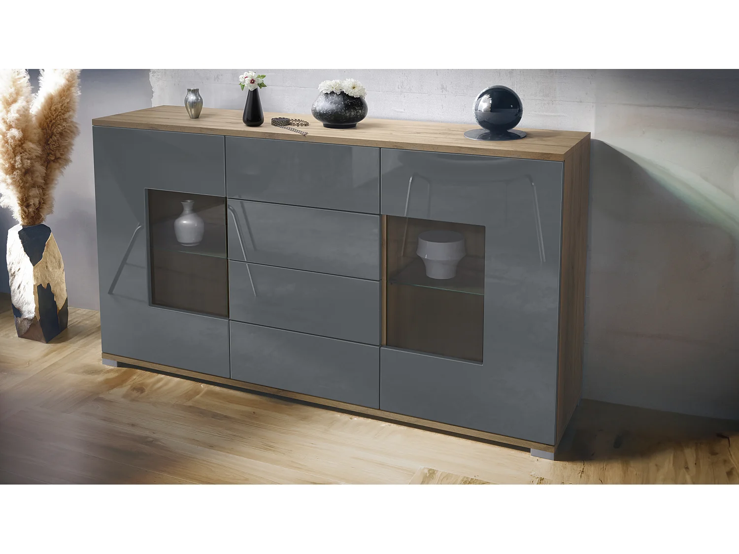 Credenza Grömitz V1 – Mobile con 2 Grandi Ante e 4 Cassetti, Quercia Evoca/grigio lucido (138,5 x 75,5 x 35)