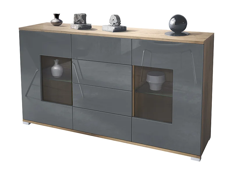 Credenza Grömitz V1 – Mobile con 2 Grandi Ante e 4 Cassetti, Quercia Evoca/grigio lucido (138,5 x 75,5 x 35)