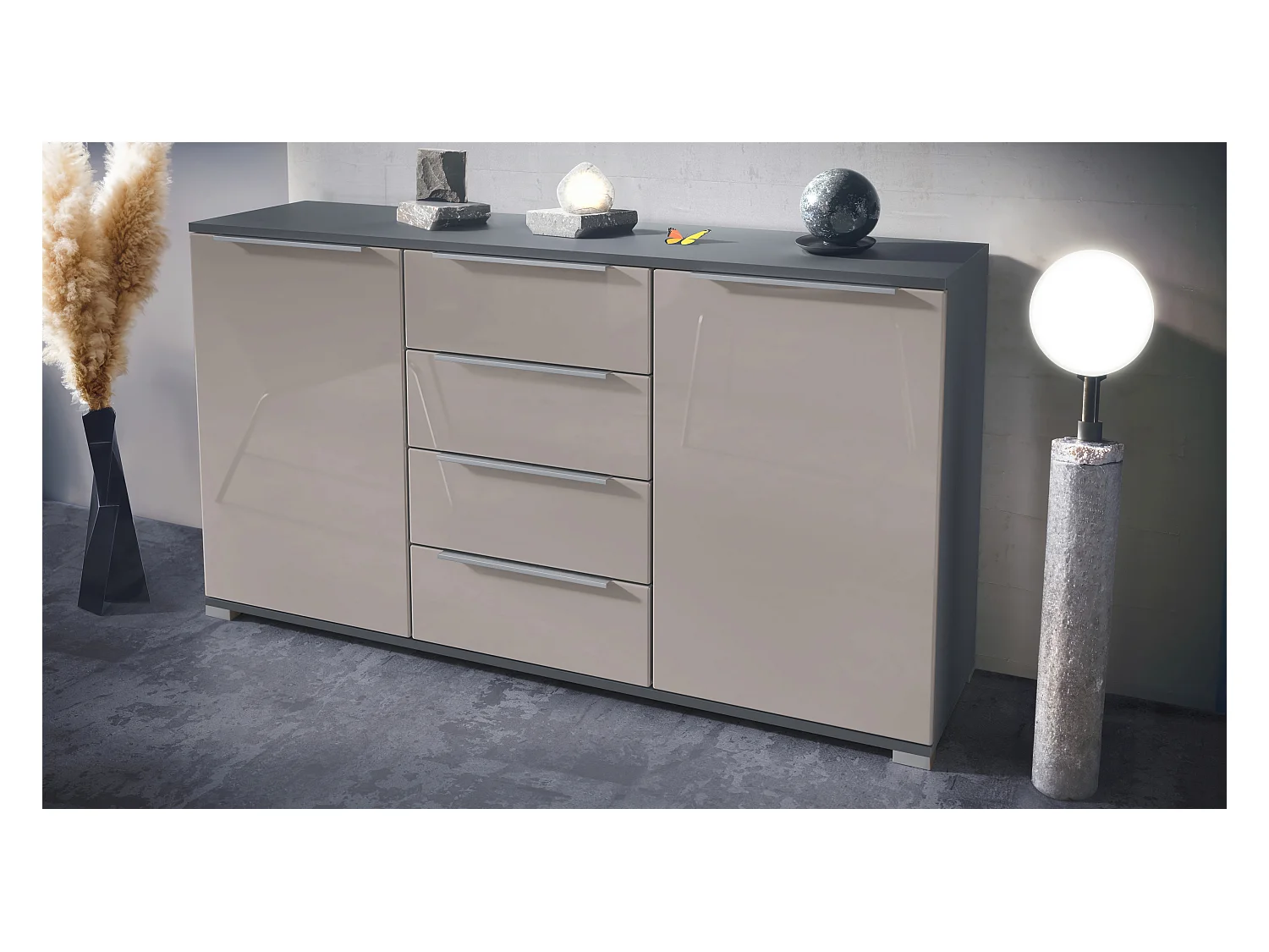Buffet Linio V1, Enfilade avec 2 portes et 4 tiroirs, anthracite mat / gris sable haute brillance (138,5 x 75,5 x 35 cm)