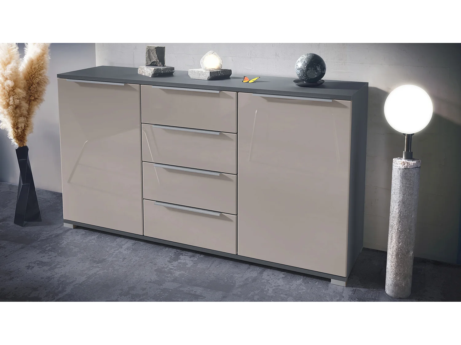 Buffet Linio V1, Enfilade avec 2 portes et 4 tiroirs, anthracite mat / gris sable haute brillance (138,5 x 75,5 x 35 cm)