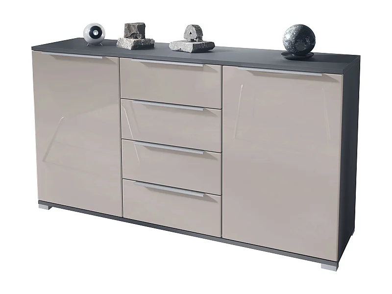 Credenza Linio V1, Madia con 2 ante e 4 cassetti, antracite opaco  / grigio sabbia lucido (138,5 x 75,5 x 35 cm)