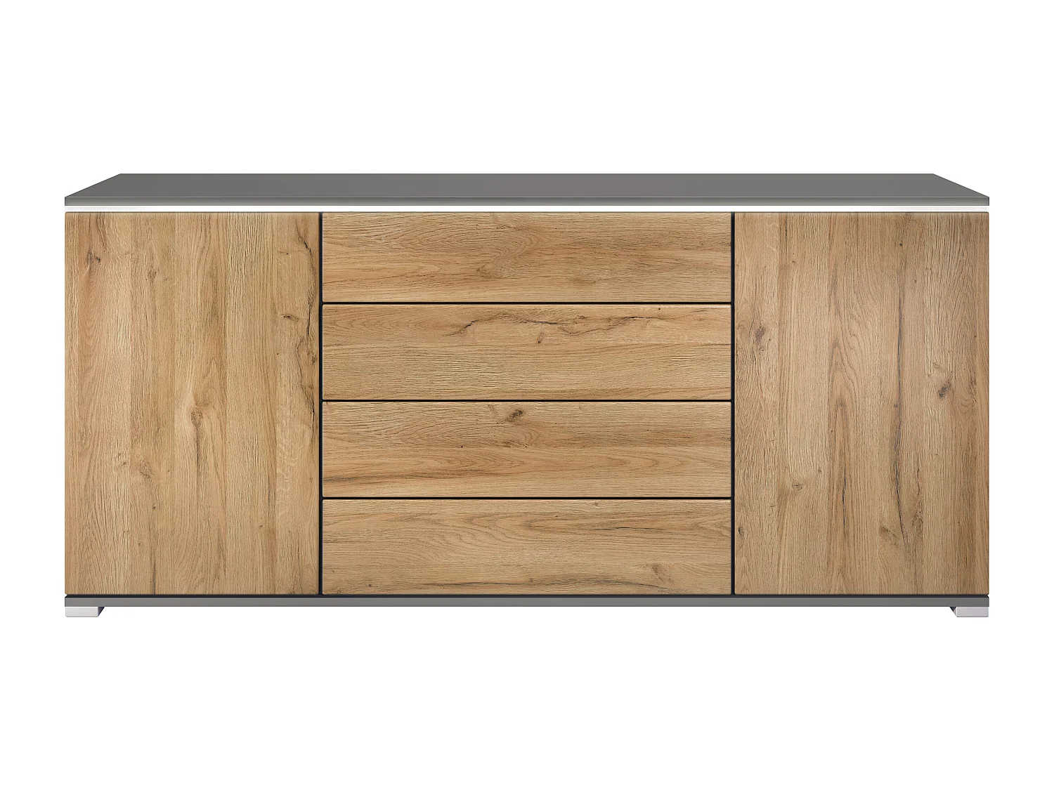 Buffet Faro V2 – Meuble avec 2 Portes & 4 Tiroirs, Armoire avec Bande LED Lumineuse, anthracite mat / chêne nature (166,5 x 75,5 x 35)