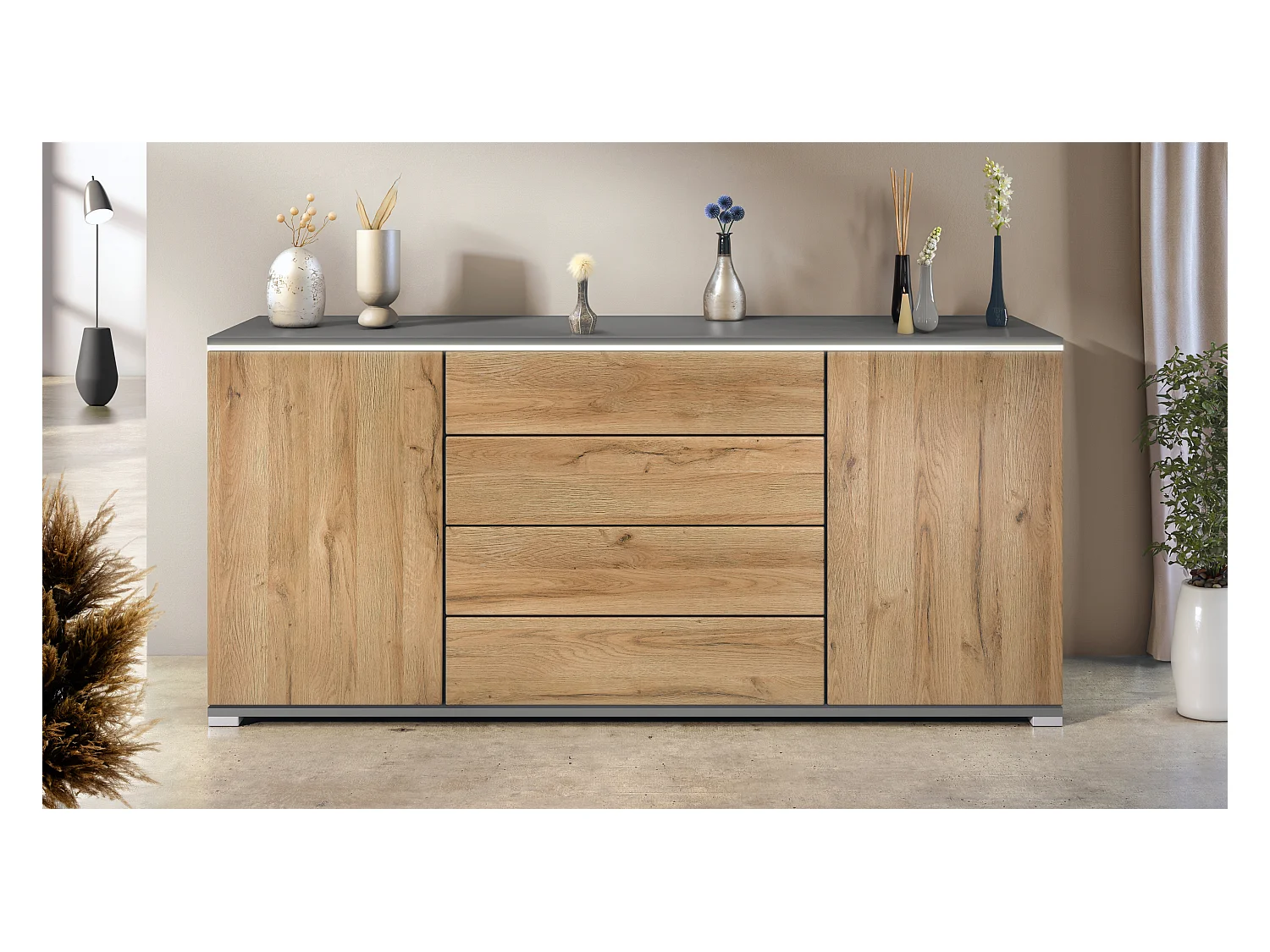 Buffet Faro V2 – Meuble avec 2 Portes & 4 Tiroirs, Armoire avec Bande LED Lumineuse, anthracite mat / chêne nature (166,5 x 75,5 x 35)