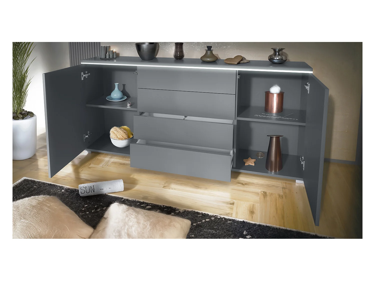 Buffet Faro V2 – Meuble avec 2 Portes & 4 Tiroirs, Armoire avec Bande LED Lumineuse, anthracite mat / chêne nature (166,5 x 75,5 x 35)