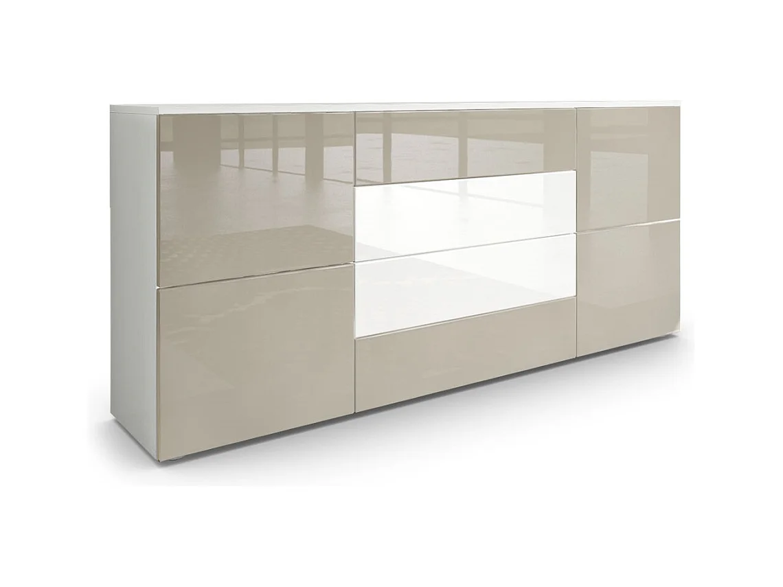 Buffet Rova, Commode avec 4 portes et 4 tiroirs, Blanc mat/Gris sable haute brillance (166 x 72 x 35 cm)
