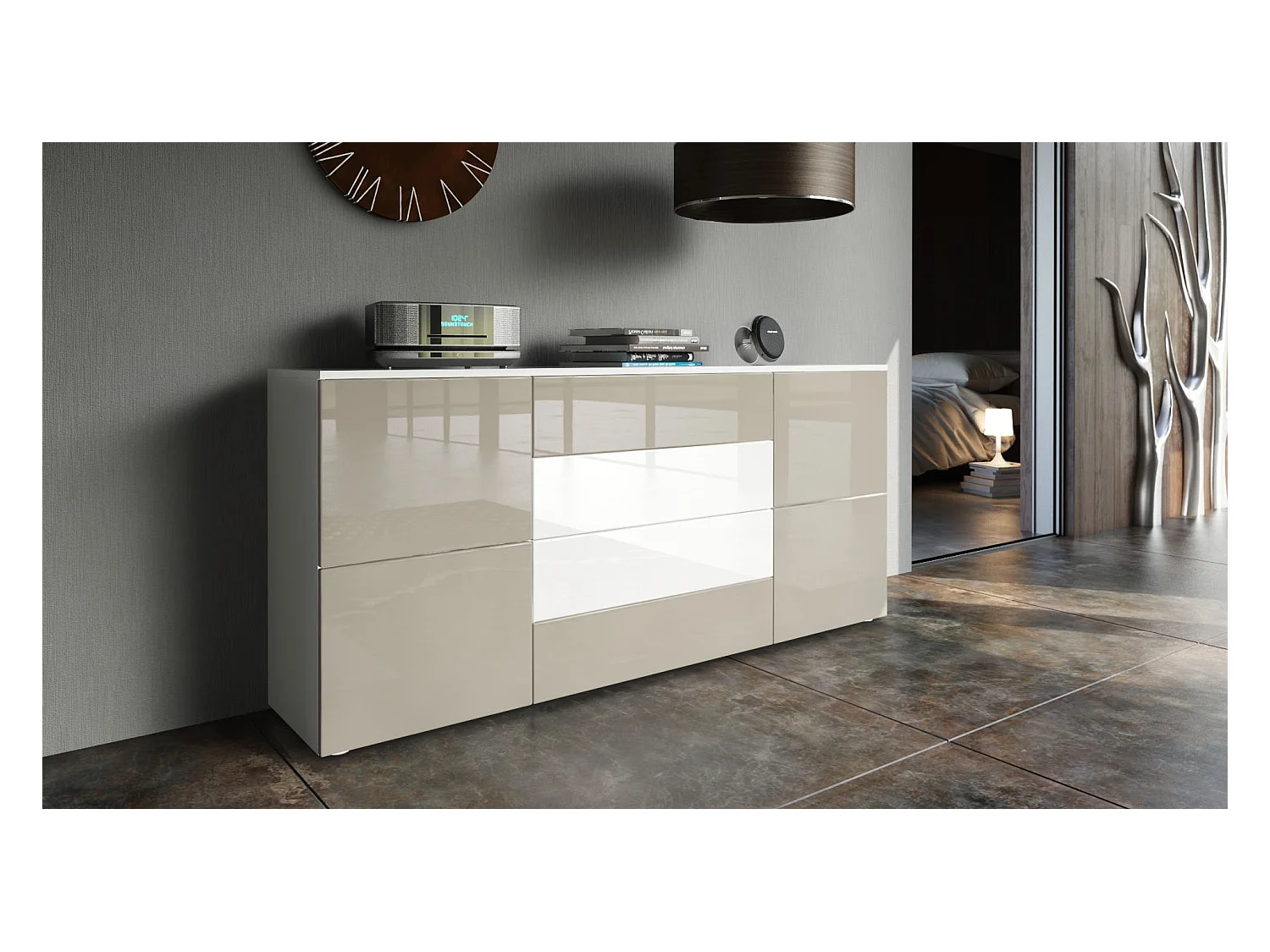 Buffet Rova, Commode avec 4 portes et 4 tiroirs, Blanc mat/Gris sable haute brillance (166 x 72 x 35 cm)