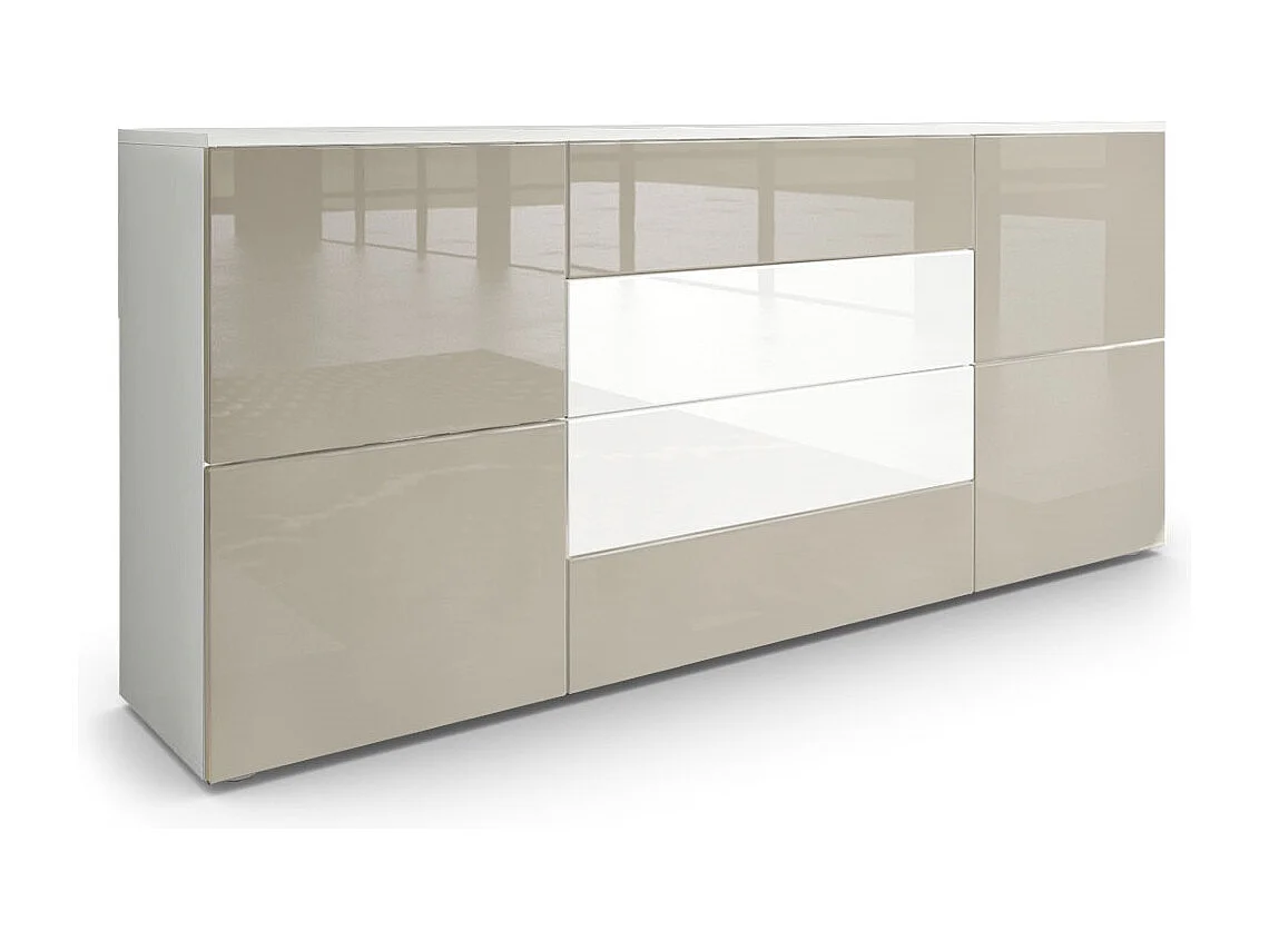 Madia  Rova, mobile con 4 ante e 4 cassetti, bianco opaco/grigio sabbia lucido/bianco lucido(166 x 72 x 35 cm)