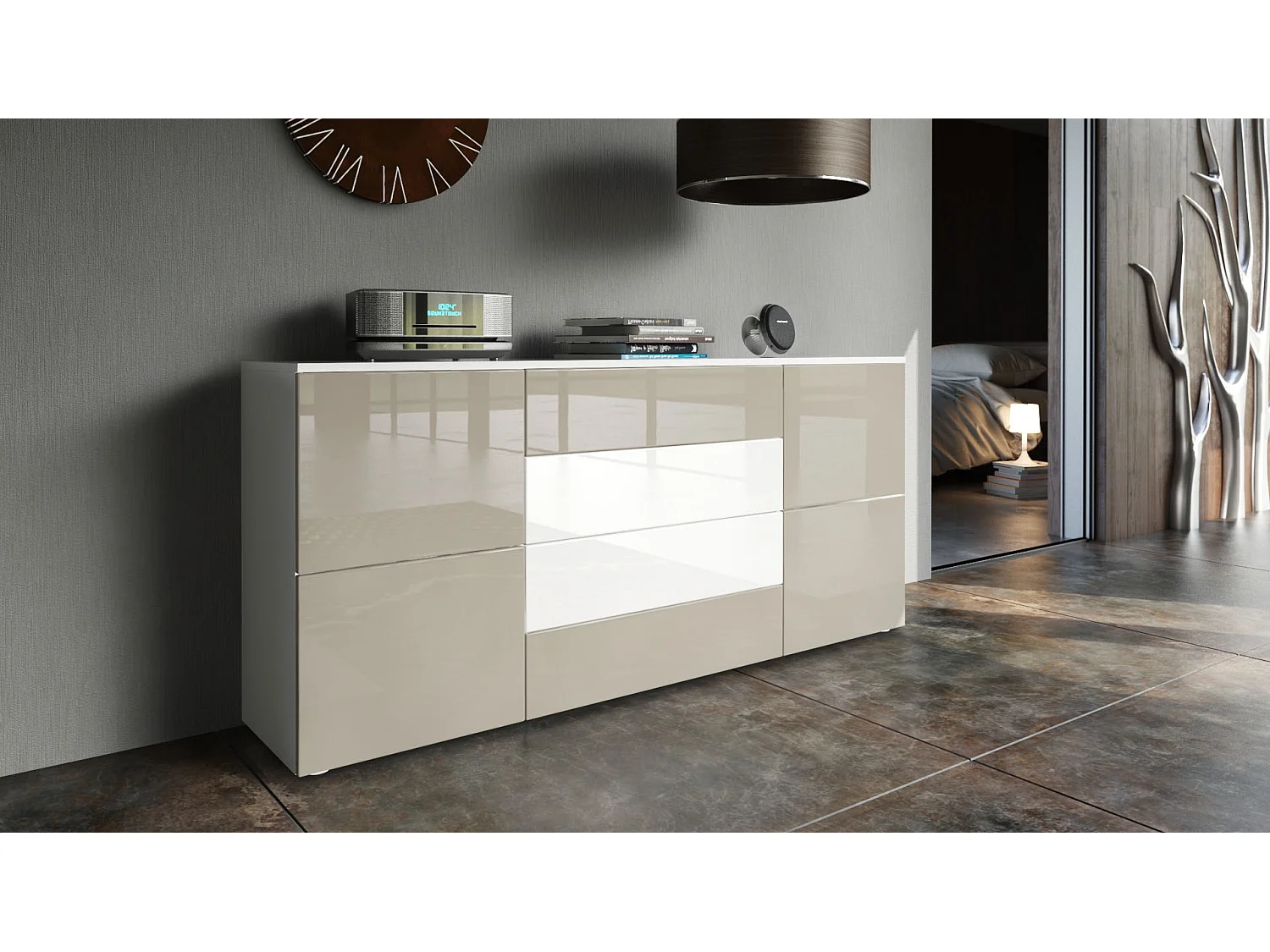 Madia  Rova, mobile con 4 ante e 4 cassetti, bianco opaco/grigio sabbia lucido/bianco lucido(166 x 72 x 35 cm)