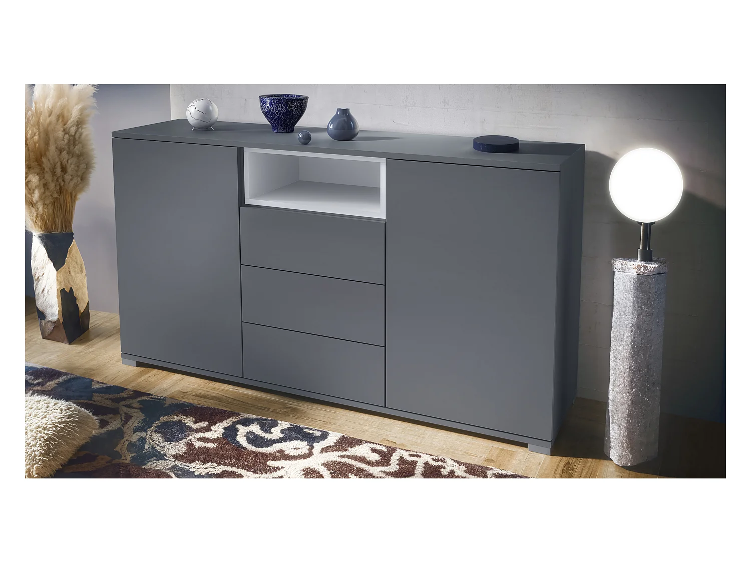 Skadu V2 Buffet, Commode avec 2 portes, 3 tiroirs et 1 compartiment ouvert, anthracite mat/blanc mat (138,5 x 75,5 x 35 cm)
