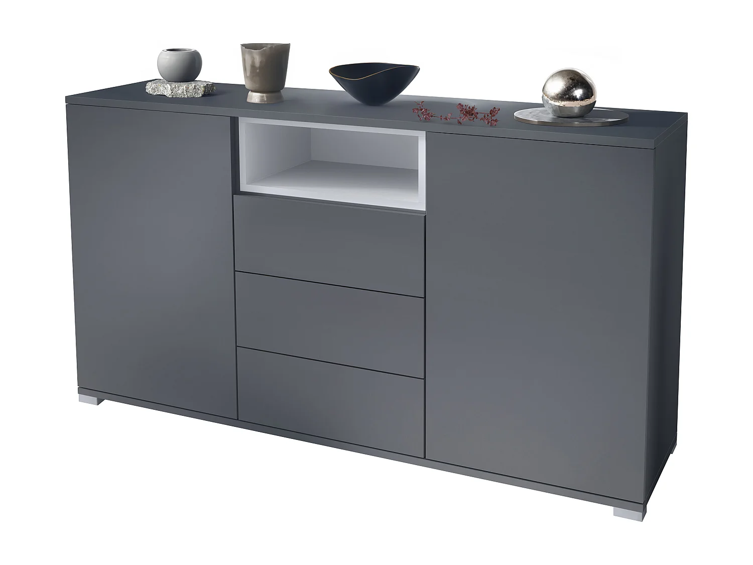 Skadu V2 Buffet, Commode avec 2 portes, 3 tiroirs et 1 compartiment ouvert, anthracite mat/blanc mat (138,5 x 75,5 x 35 cm)